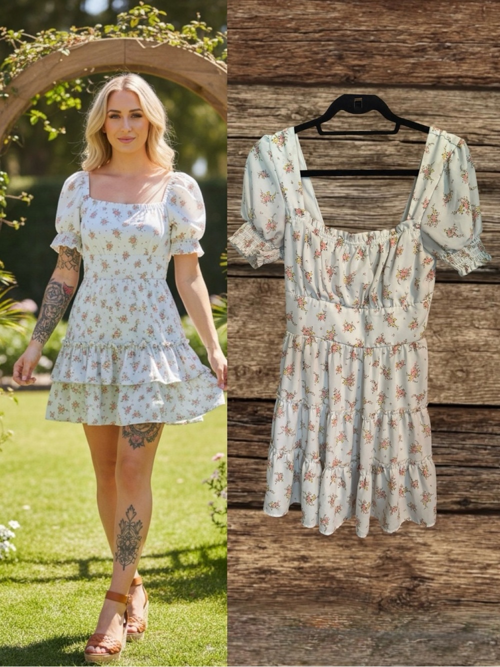 Trixxi Cream Floral Puff Sleeve Tiered Mini Dress Cottagecore Size Medium